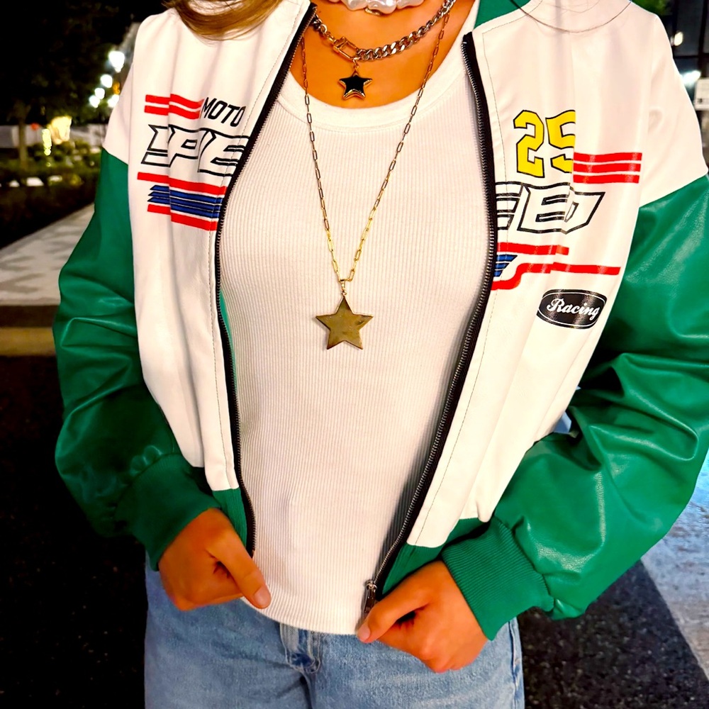 Cherry Mellow Size Small The Motto Speed Jacket Green and White Racing Jacket
